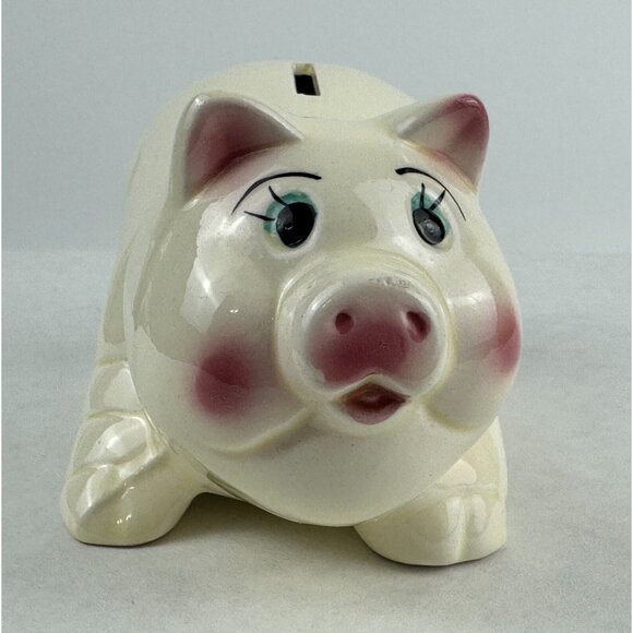 Vintage Painted Ceramic Standing Piggy Bank Off White Pottery Taiwan Made 6x3 in - Picture 9 of 12